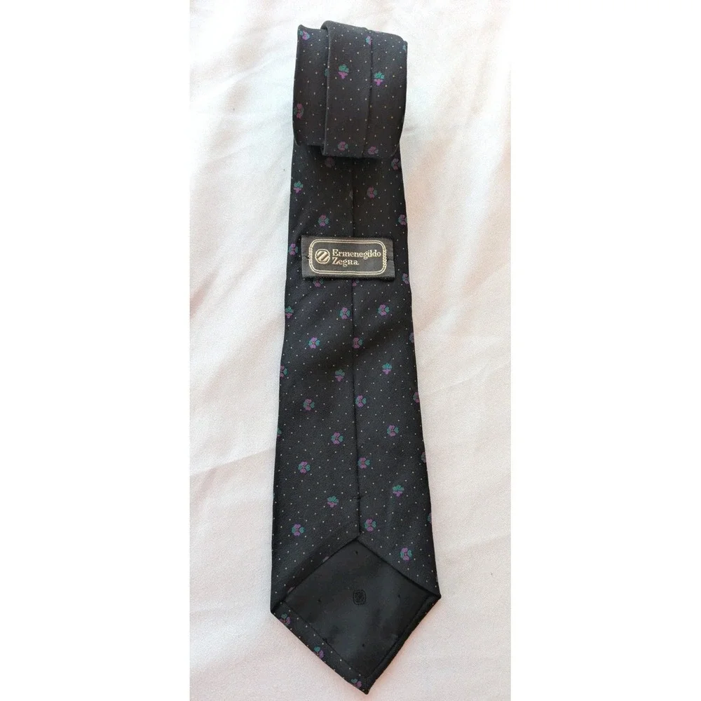 Ermenegildo Zegna 100%‎ Silk Tie Black Gold Dot Purple Floral Made in Italy